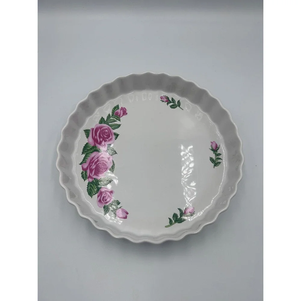 Christneholm The Rose Collection Quiche Tart Pan Pink Floral Fluted Ceramic 10in
